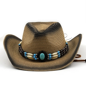 Cappello da cowboy in paglia unisex con fascia etnica e pietra turchese centrale