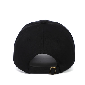 Rear view of black British style cotton baseball cap with adjustable metal buckle strap