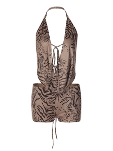 Ensemble haut dos nu et short sexy à imprimé animal marron avec finition satinée lisse