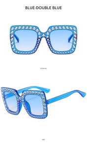 Detail view of square blue glitter sunglasses with rhinestones from front and side angles