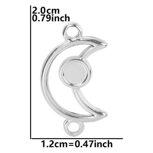 Macro shot of silver crescent moon connector with dimensions 2.0cm length and 1.2cm width