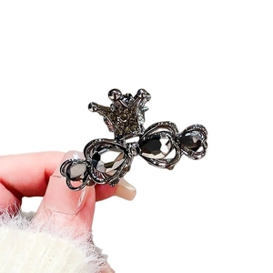 Sparkling crystal flower hair claw clip with crown design and dark grey rhinestones
