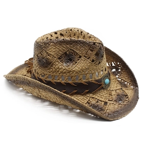 Handwoven straw cowboy hat with turquoise accent and breathable diamond cutout pattern