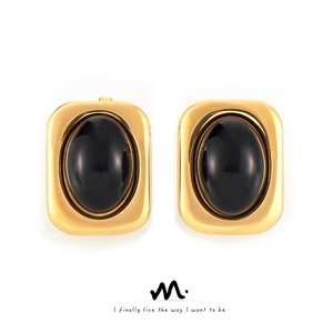 Vintage British Style Minimalist Titanium Steel Gold Plated Square Plate Black Glass Inlaid Geometric Stud Earrings For Women