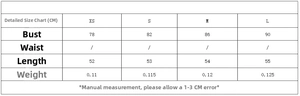 Size chart for halter top with bow detail including bust and length in XS to L sizes