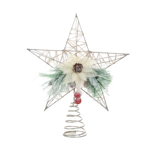 Silver iron Christmas tree topper star with artificial flower pine cone and red berries