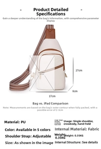 Detailed view of white PU sling bag with brown trim and size comparison with iPad