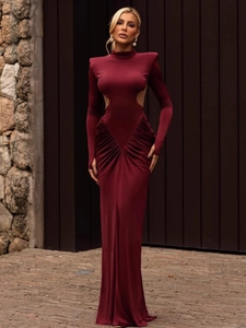 Elegant burgundy long-sleeve mermaid evening dress with waist cut-outs and gathered detail