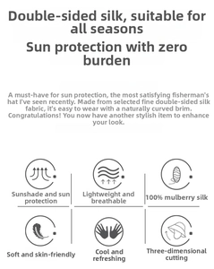 Detail showing 100% mulberry silk fabric properties and UV protection features of the sun hat
