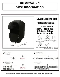 Detailed size specifications for thick cotton trapper hat with ear flaps and face mask
