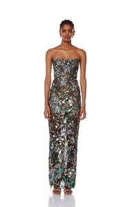 Close-up of deep brown tube dress with intricate blue and silver sequin floral embroidery