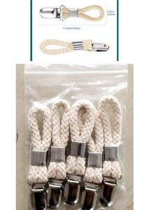 Detail of 4pcs beige cotton rope towel clips with metal clasps in clear bag packaging