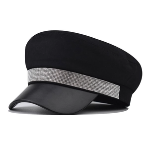 Newsboy Cap Military Hat Cotton Fabric PU Leather Brim Rhinestone Belt Flat Top Fashion Fiddler Hat British Style