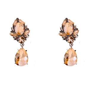 Vintage gold teardrop earrings with champagne crystals in a floral cluster design
