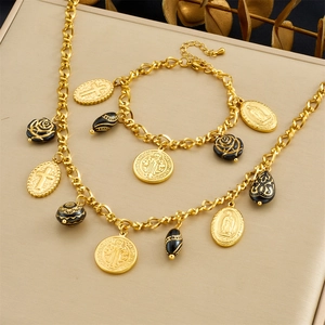 Vintage Stainless Steel Necklace And Bracelet With Religious Cross Medal Black Rose Charms For Women Luxury Palace Style