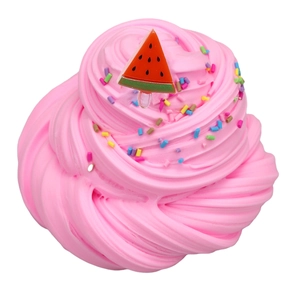 Pink swirl cloud slime with colorful sprinkles and watermelon charm on white background