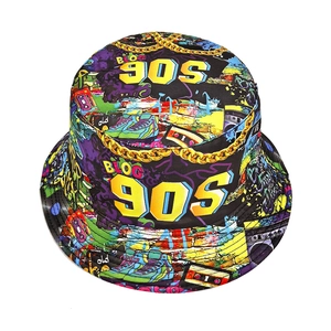 90s retro cassette and gold chain print bucket hat for outdoor sun protection