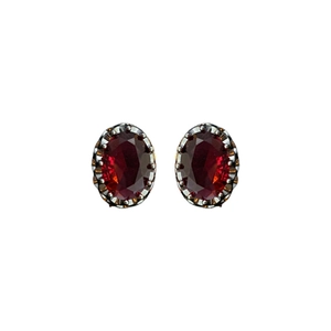 Vintage silver stud earrings with oval dark red zircon gemstones and beaded metal borders