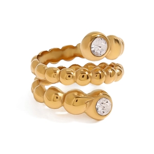 Bague spirale dorée en acier inoxydable avec texture perlée et détails en zircon