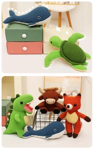 Detailed close-up showing texture of handmade crochet animal plushies and knitted toys