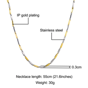 Detail view of 18k gold plated stainless steel necklace with size and material specifications