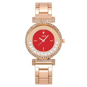Fashion women's quartz watch with red dial, rose gold steel band and diamond accents