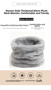 Detail of soft grey faux rabbit fur neck warmer showing elastic plush thermal material