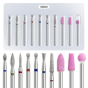 Detailed close-up of a 10-piece professional diamond nail drill bit set with OMA02 labels