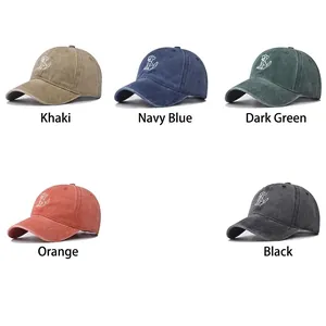 Vintage washed cotton baseball caps with embroidered dog logo in 5 distinct colors