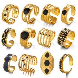 12Pcs Bohemian gold plated ring set with black enamel drip oil and vintage sun patterns