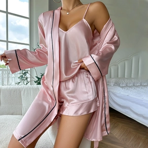 Women Robe Cami And Shorts Pajamas Imitation Satin Satin V Neck Ruffle Hem Contrast Piping Loungewear