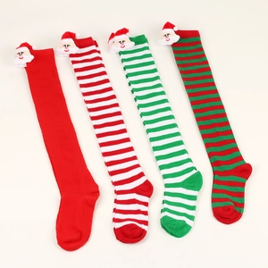 Detail of knit over-knee Christmas socks with 3D plush Santa Claus and striped patterns