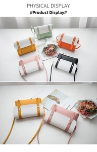 Flat lay of small crossbody bags in five candy colors with white flap and metal buckle