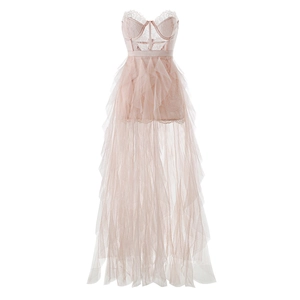 Elegant light pink strapless lace mesh long dress with layered tulle and floral detail