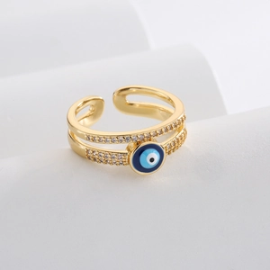 18K gold plated double-layer evil eye ring with cubic zirconia and enamel inlay