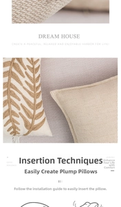 Detailed view of leaf applique embroidery and woven texture on beige cushion covers
