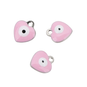 Pink heart-shaped evil eye enamel charms for jewelry making on a clean white background
