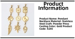Detailed view of nine stainless steel gold pendants including butterflies and crosses