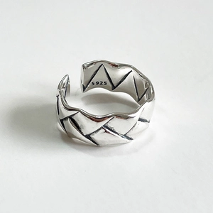 925 Sterling Silver Woven Ring For Women Vintage Oxidized Geometric Texture Adjustable Open Band Fashion Jewelry