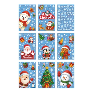 Set of 9 Christmas window clings featuring Santa, reindeer and snowman on blue snowflake background