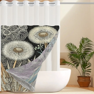 Detail of waterproof dandelion shower curtain showing white liner and metal grommets