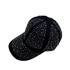 Fashionable black baseball cap with sparkling silver rhinestones and breathable cotton fabric