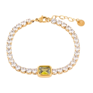Golden stainless steel bracelet with square olive green gemstone and clear zircon accents