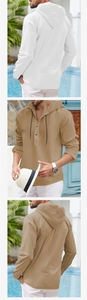 Detail of casual hooded long sleeve henley top in white and khaki cotton linen texture