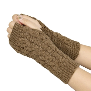 Knitted twist pattern fingerless gloves in dark brown with cozy thumb hole design