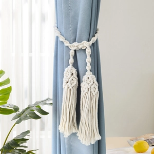 Bohemian woven cotton rope curtain tieback with decorative tassels for home decor