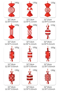 Detail grid of red and white 32cm candy Christmas tree ornaments with size and weight specs