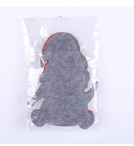 Gnome-shaped grey felt cutlery holder in plastic packaging for Christmas table decor