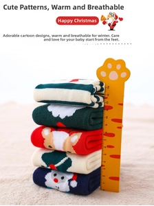 Detail showing 5 pairs of thick Christmas socks for children stacked 14cm high