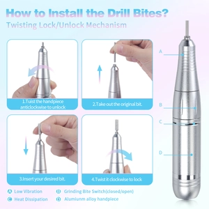 Détails du manche de ponceuse à ongles électrique avec étapes d'installation en alu